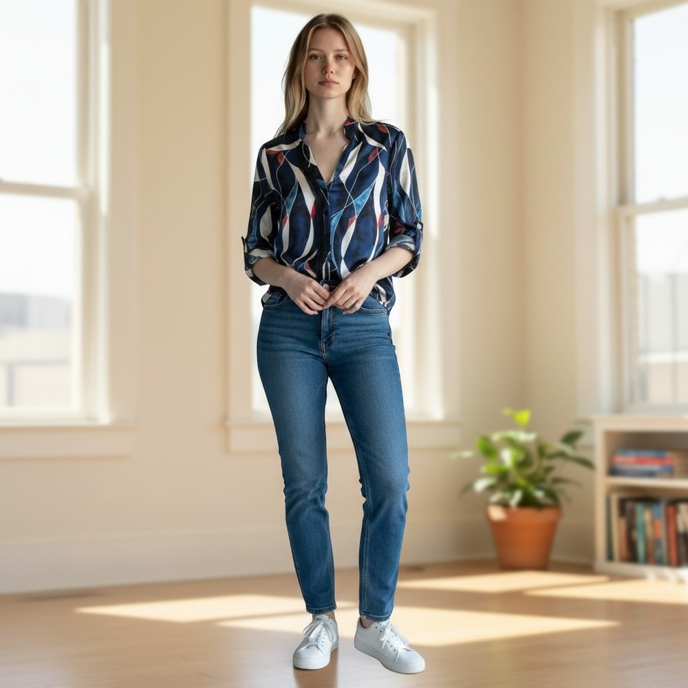 NIC+ZOE Navy Blue Abstract Geometric Print Blouse Medium